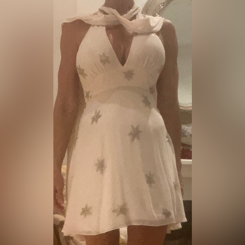 SAINT LAURENT Dress Sz 36 White Chiffon Open Back, 2 attached Scarfs w/ Stars